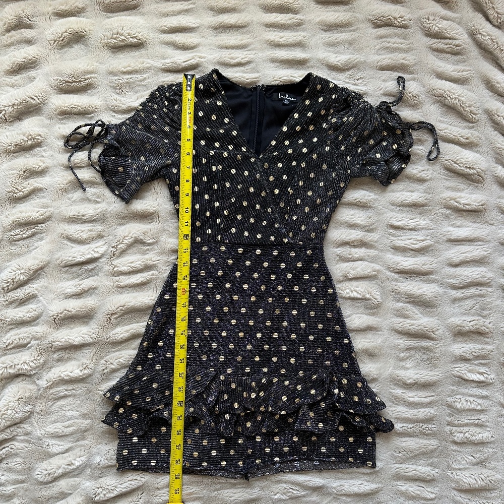 Women’s Lulu’s Top Model Black and Gold Polka Dot Ruffled Dress